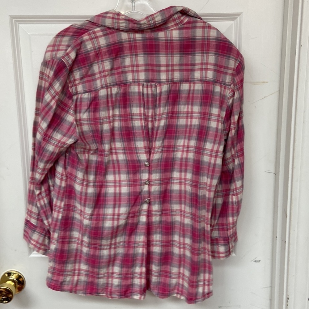 Style & Co. pink plaid western style snap up blouse size 14 silver streaks - Picture 2 of 12